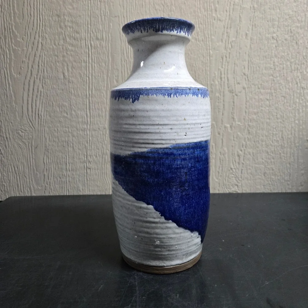 Studio Pottery Vase White Blue Ribbed Stoneware Handmade Decor 13